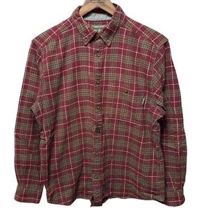 Woolrich green and burgundy plaid long sleeve button up collared flannel shirt